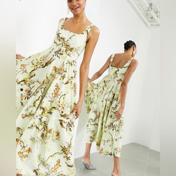 NWOT ASOS Edition Sleeveless Tiered Midi Dress in Woodland Print - Picture 2 of 6